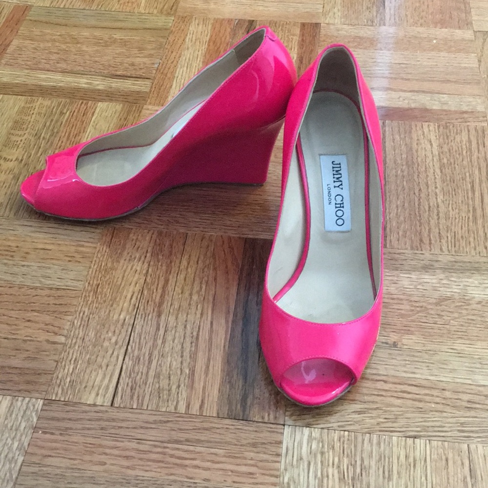 Jimmy Choo Pink Open Toe Patent Leather Wedge Shoe